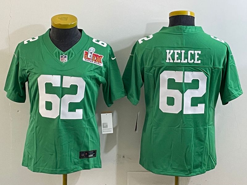 Women Philadelphia Eagles #62 Kelce Green three generations 2025 Nike Vapor Limited NFL Jersey style 2